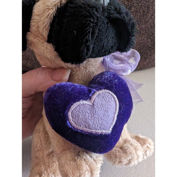 E&J Classic Puggle Dog Plush Stuffed Animal Puppy Beige Puglet Purple Heart Bow - Picture 4 of 8